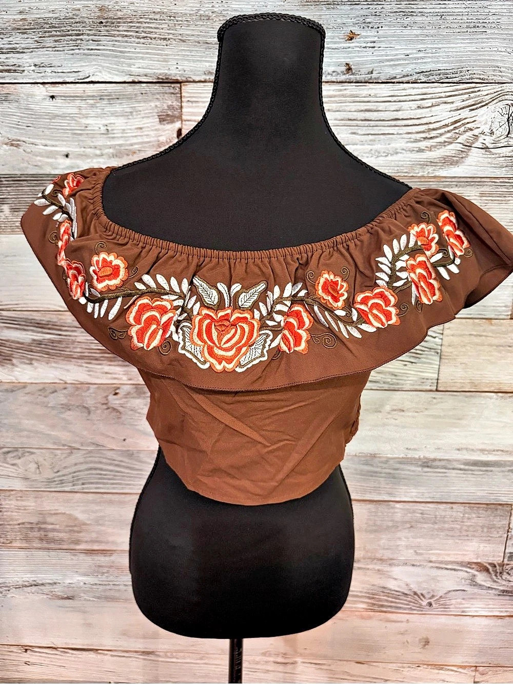 SHEIN Floral Off-Shoulder Crop Top in Brown & Red with Embroidered Design Size M